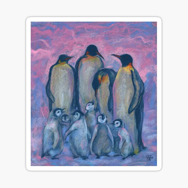 Emperor Penguins with Baby Chicks, Antarctic Birds, Pink Blue Sticker