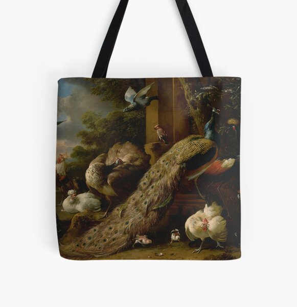 A Peacock and Pea Hen with a Crane, Chickens and other Birds in a Landscape - Melchior d'Hondecoeter All Over Print Tote Bag