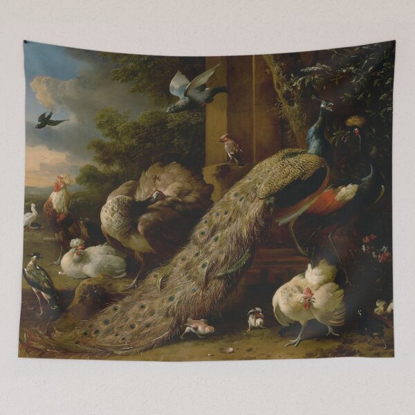 Item preview, A Peacock and Pea Hen with a Crane, Chickens and other Birds in a Landscape - Melchior d'Hondecoeter designed and sold by themasters.