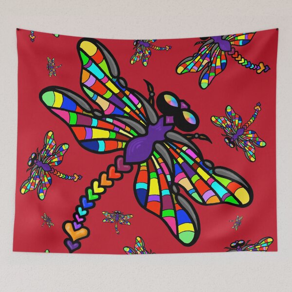 Item preview, Colourful Dragonflies. The original multi-coloured Dragonflyght - on Red! by Amanda M Lucas designed and sold by Amanda Lucas.
