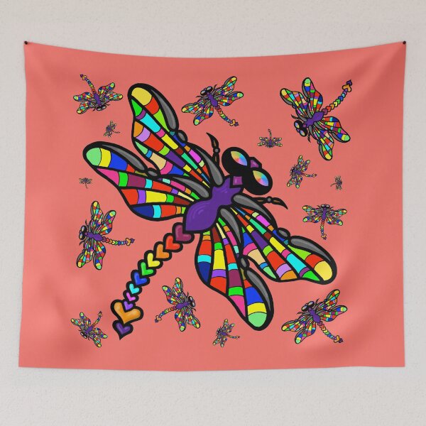 Item preview, Colourful Dragonflies. The original multi-coloured Dragonflyght - Living Coral by Amanda M Lucas designed and sold by Amanda Lucas.