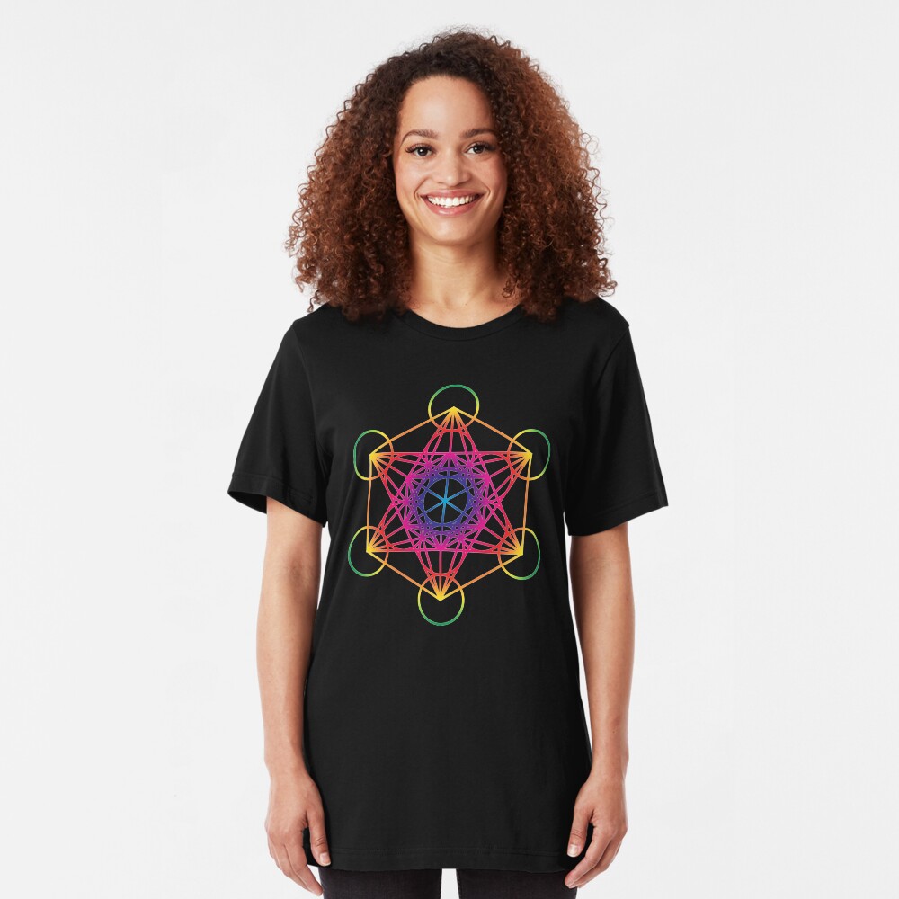 Sacred Geometry Geometric Mandala Metatrons Cube Flower Of Life Rainbow Slim Fit T-Shirt