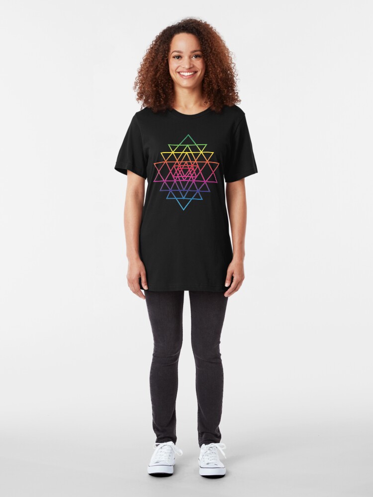 Alternate view of Sacred Geometry Geometric Mandala Flower Of Life Rainbow Sri Yantra Star Slim Fit T-Shirt