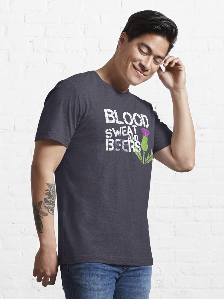 Alternate view of Scotland Flag Rugby Six Nations Blood Sweat Beers Scottish Thistle Graphic Design Essential T-Shirt