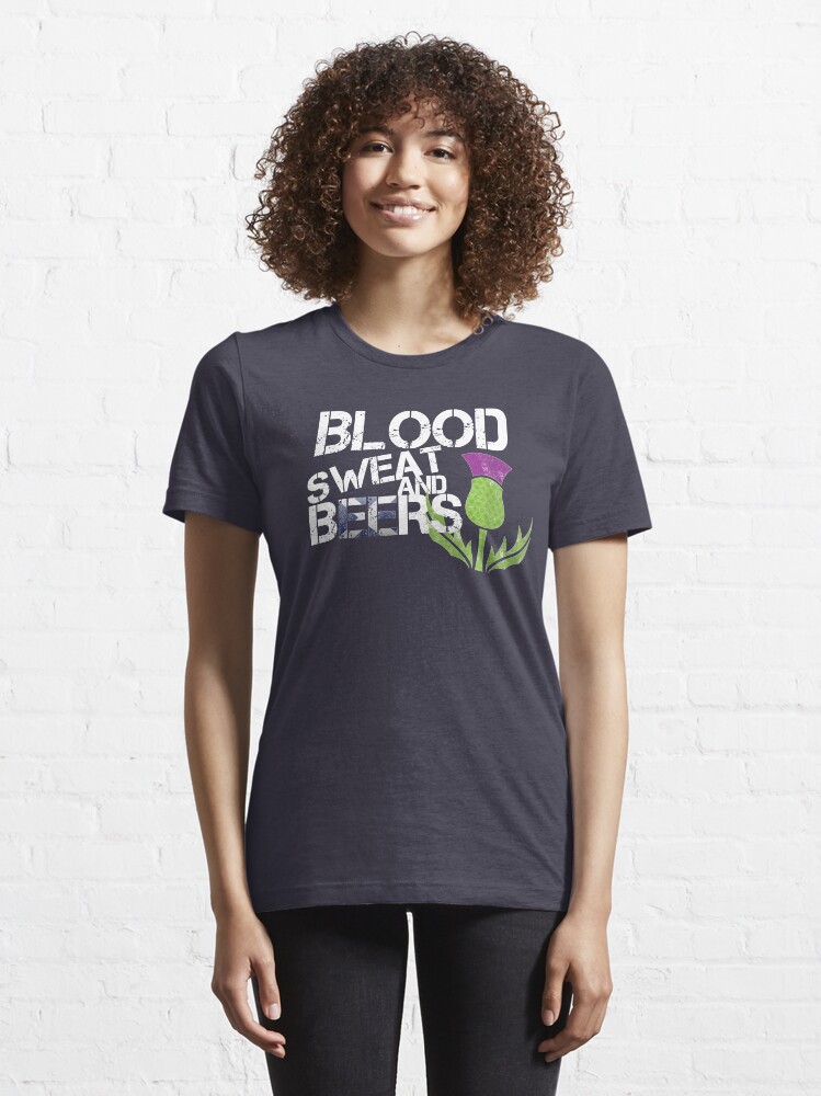 Alternate view of Scotland Flag Rugby Six Nations Blood Sweat Beers Scottish Thistle Graphic Design Essential T-Shirt