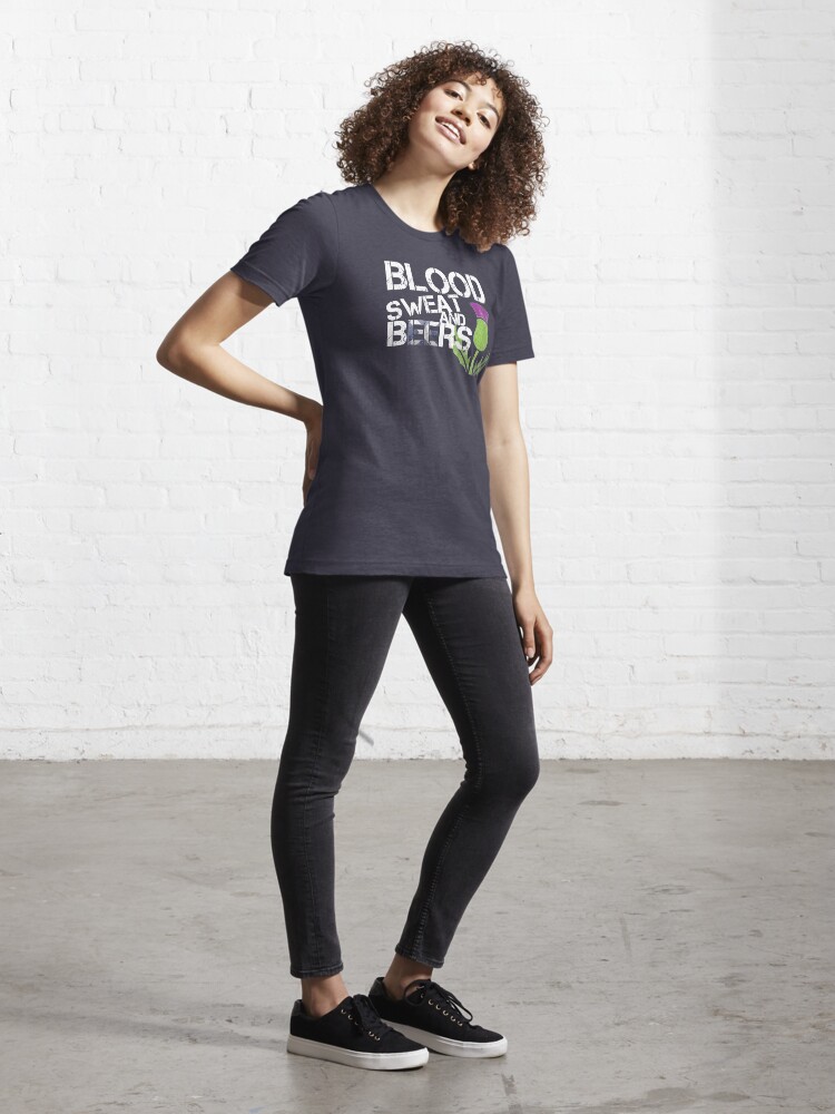 Alternate view of Scotland Flag Rugby Six Nations Blood Sweat Beers Scottish Thistle Graphic Design Essential T-Shirt