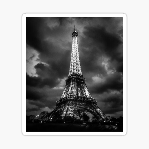 The Eiffel Tower under storm clouds in black and white! Sticker