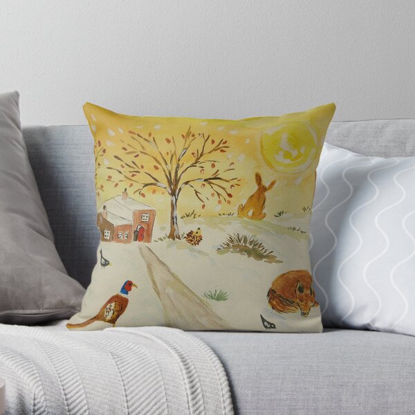 Fox, Hares and a Pheasant in the Snow and Sun Throw Pillow