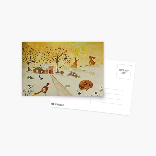Fox, Hares and a Pheasant in the Snow and Sun Postcard