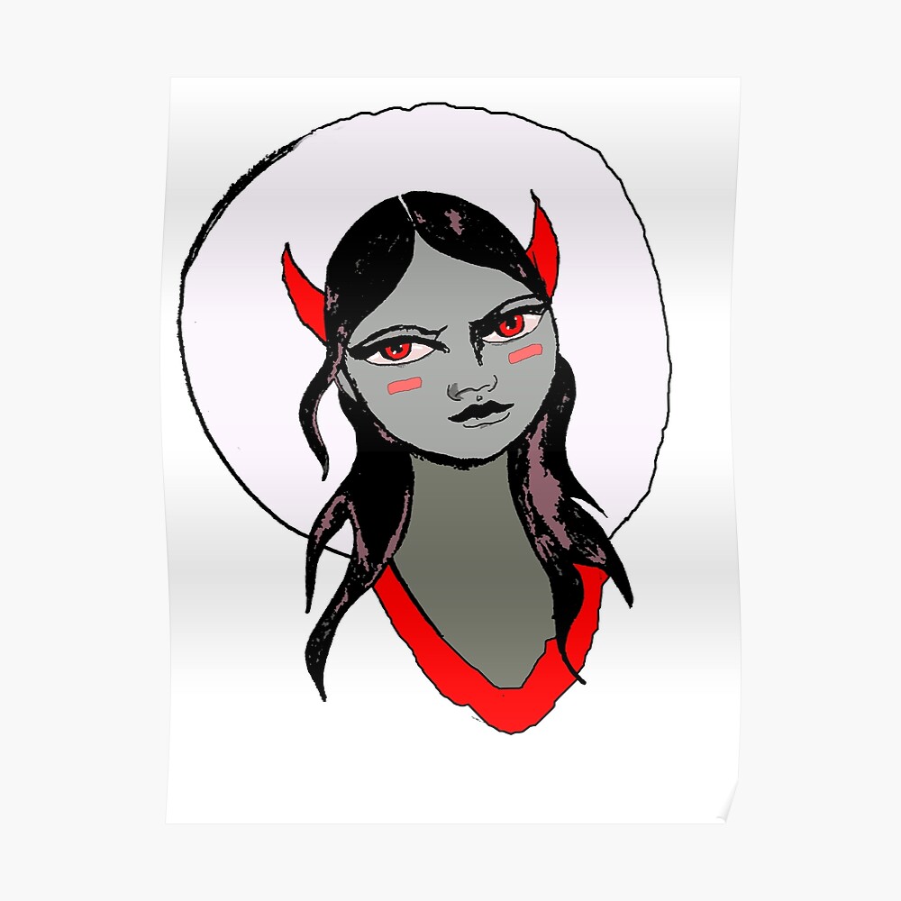 Demon Girl With Red Eyes Mixed Media Cartoon Illustration Poster By Bargel Redbubble