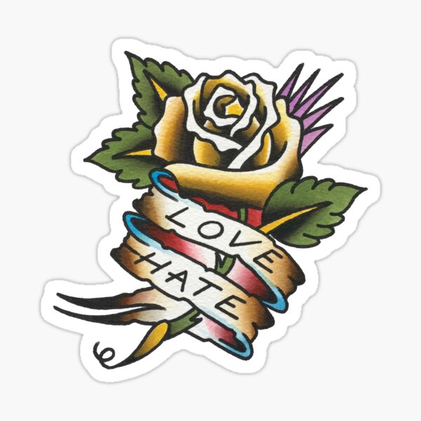 Traditional Love Hate Rose Tattoo Design Sticker