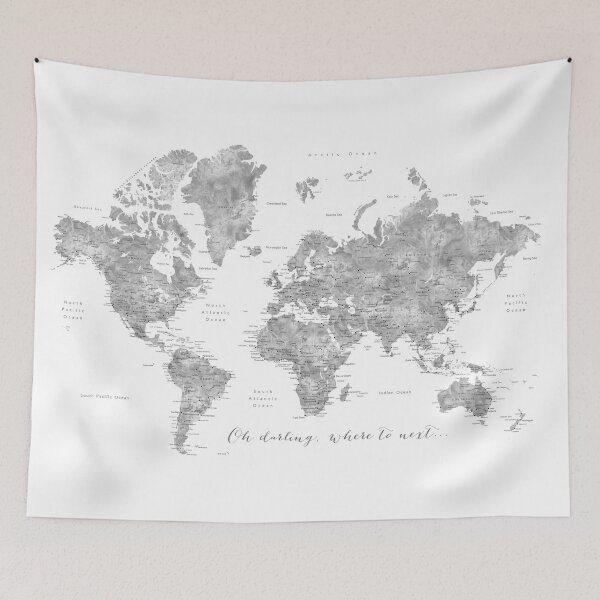 Item preview, Oh darling, where to next... detailed world map in grayscale watercolor designed and sold by blursbyai.