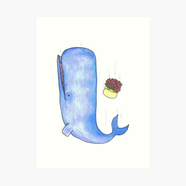 A sperm Whale and a bowl of petunias, falling. Art Print