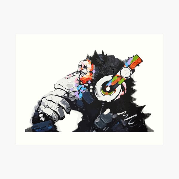 Banksy DJ Monkey Thinker avec un casque blanc Impression artistique