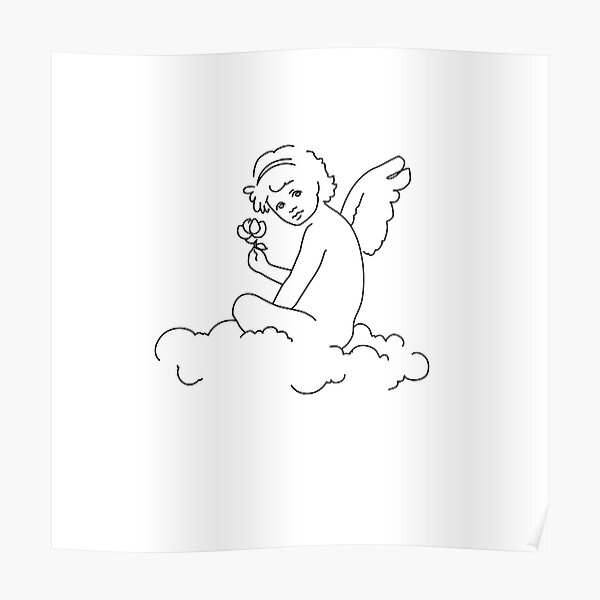 Poster Querubin Con Una Flor Nube Cielo Dulce Alado Angel Nino Dibujo Lineal Simple Dulce De Envelope Studio Redbubble