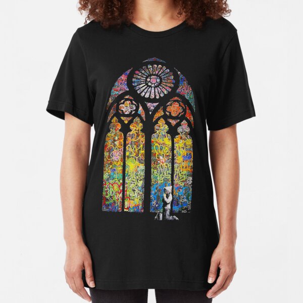 Banksy Stained Glass Window Cathedral Slim Fit T-Shirt