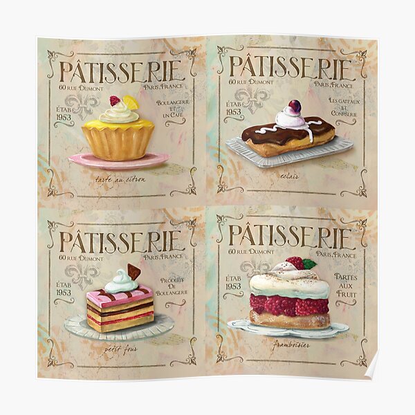 Pastry Poster French Pastries Food Illustration Cake Poster Eclair Room Decor Aesthetic Kitchen Print Macarons Gift Foodie Dessert