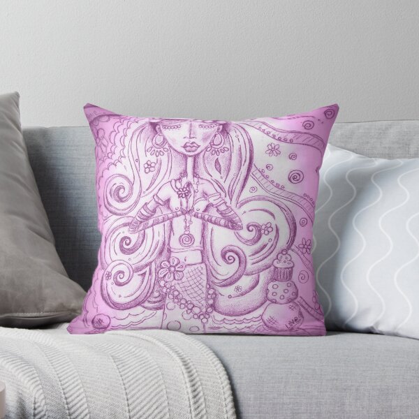 Purple Yoga Gypsy – Whimsical Folk Art Girl in Namaste Pose Throw Pillow