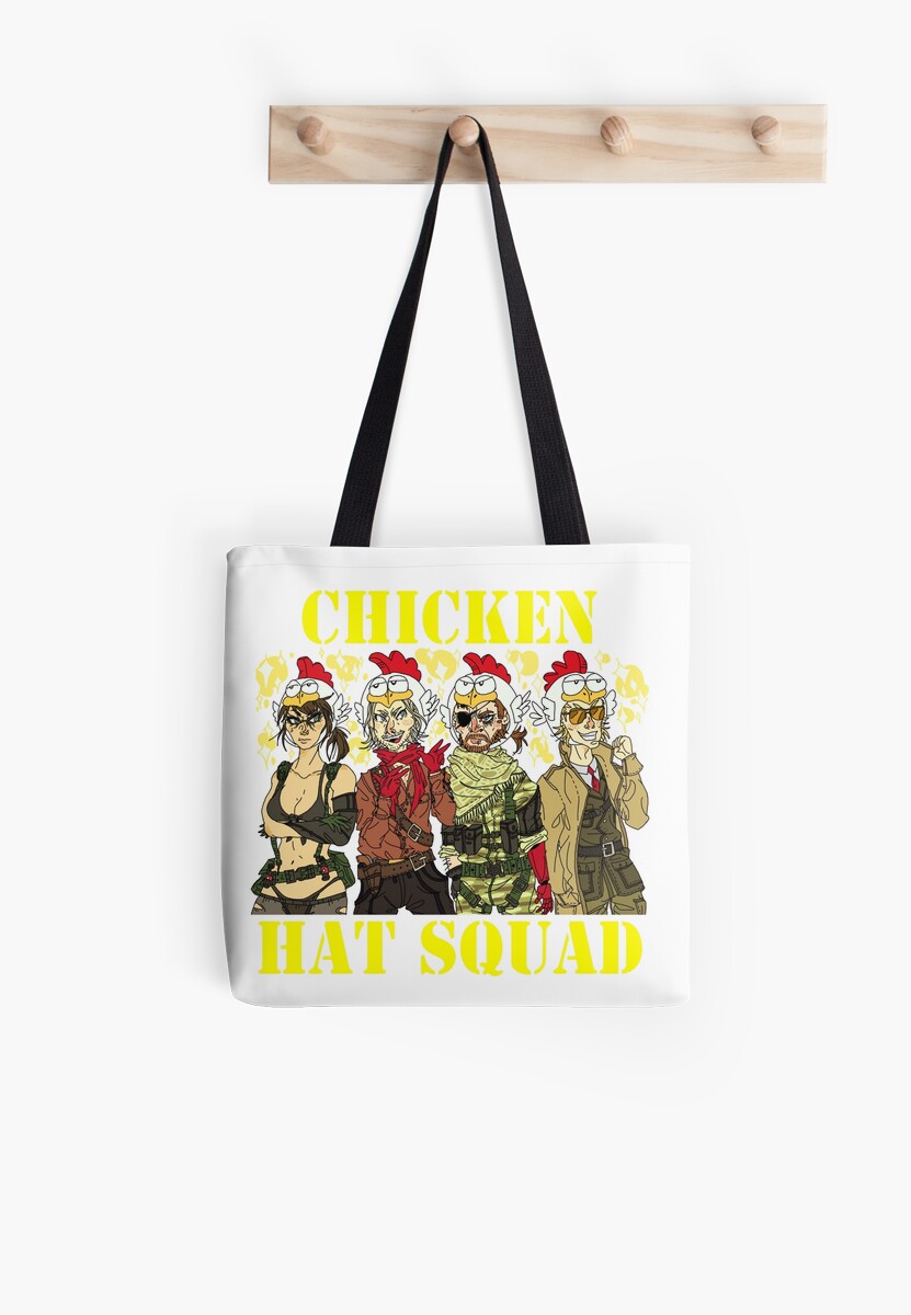 mgsv chicken hat squad tote bags by megtalgearsalad redbubble