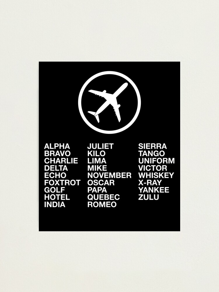 The Phonetic Alphabet with a picture of an airplane. Photographic Print