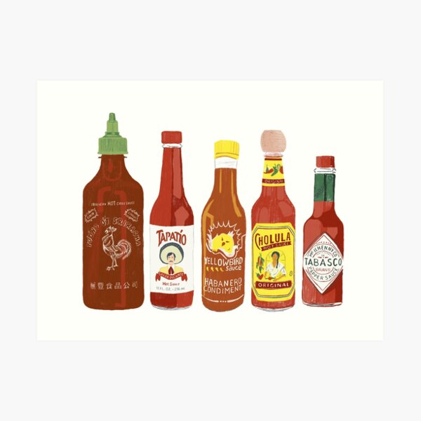 Spicy! Check out these hot sauces on white background Art Print