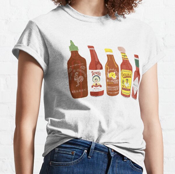 Spicy! Check out these hot sauces on white background Classic T-Shirt