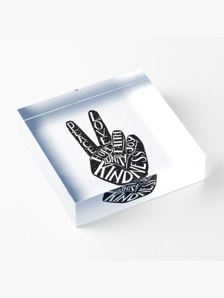 Alternate view of Peace Sign with words Peace, Love, Faith, Joy, Hope, Kindness, Unity Acrylic Block
