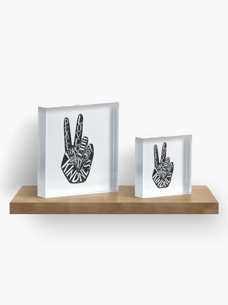 Alternate view of Peace Sign with words Peace, Love, Faith, Joy, Hope, Kindness, Unity Acrylic Block