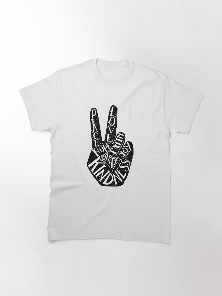 Thumbnail 3 of 7, Classic T-Shirt, Peace Sign with words Peace, Love, Faith, Joy, Hope, Kindness, Unity designed and sold by picbykate.