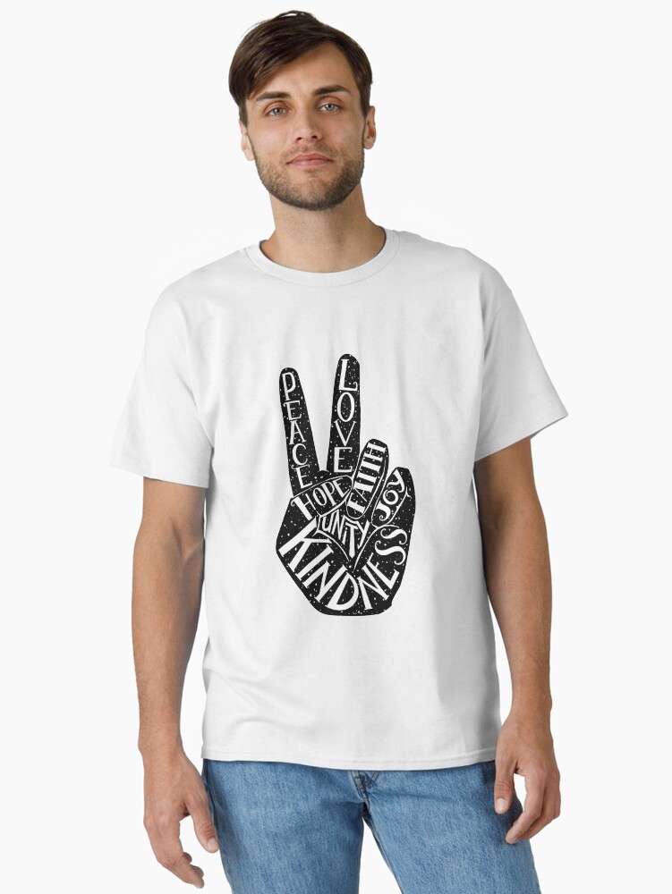 Thumbnail 2 of 7, Classic T-Shirt, Peace Sign with words Peace, Love, Faith, Joy, Hope, Kindness, Unity designed and sold by picbykate.