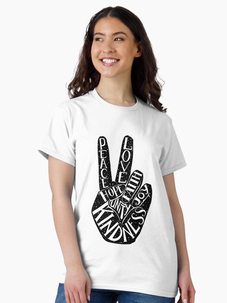 Thumbnail 1 of 7, Classic T-Shirt, Peace Sign with words Peace, Love, Faith, Joy, Hope, Kindness, Unity designed and sold by picbykate.