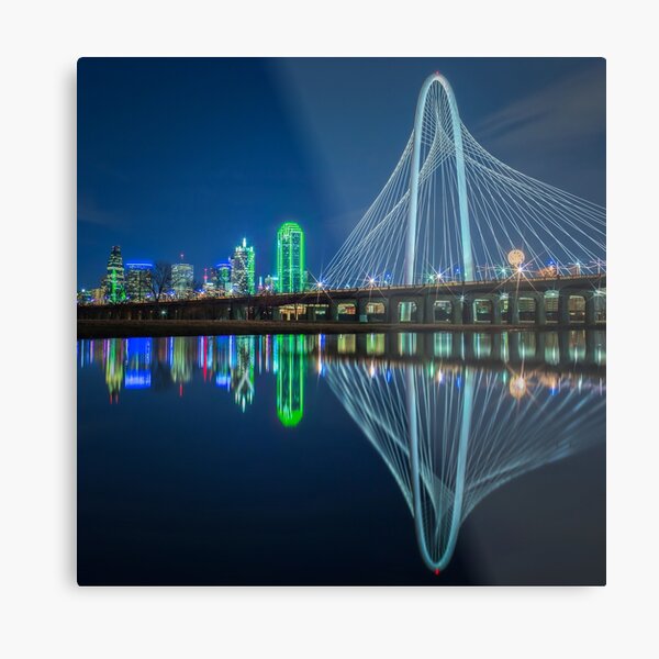 Dallas Skyline Bridge Reflection Metal Print