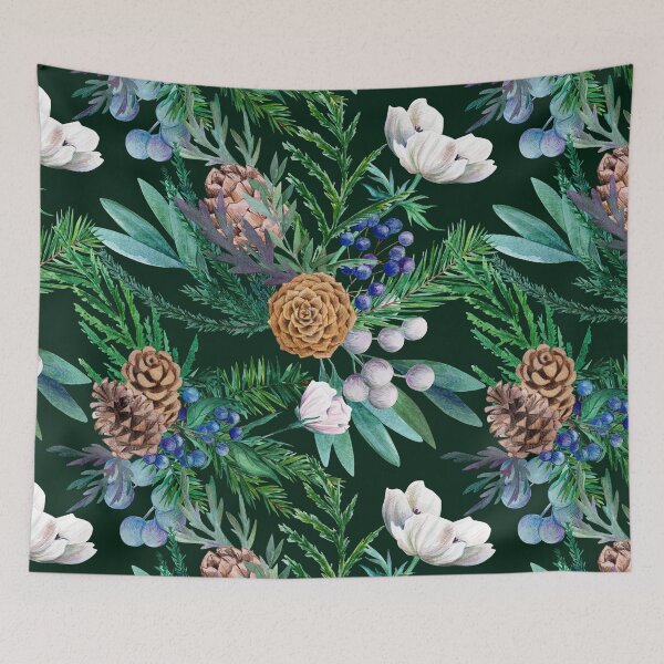 Item preview, Dark winter watercolor pattern with white anemones, berries and cones. designed and sold by Julia Solomatina.