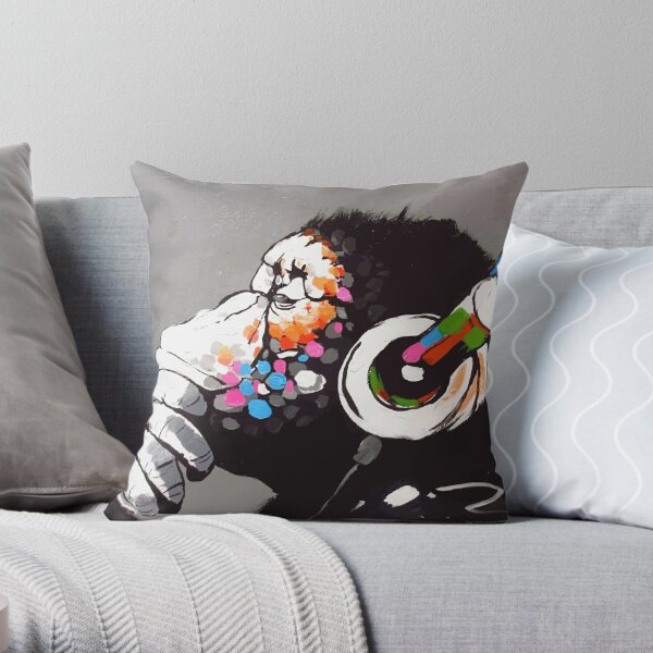 Banksy DJ Monkey Thinker with Headphones Throw Pillow