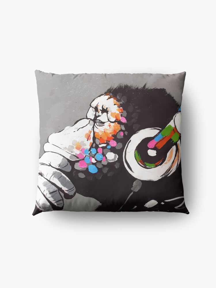Alternate view of Banksy DJ Monkey Thinker with Headphones Floor Pillow