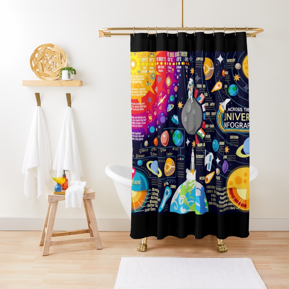"Space Universe Infographics Big Bang" Shower Curtain for Sale by