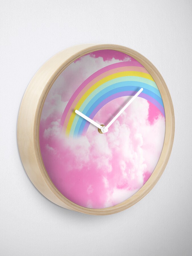 Cotton candy sky pink background illustration, rainbow in the