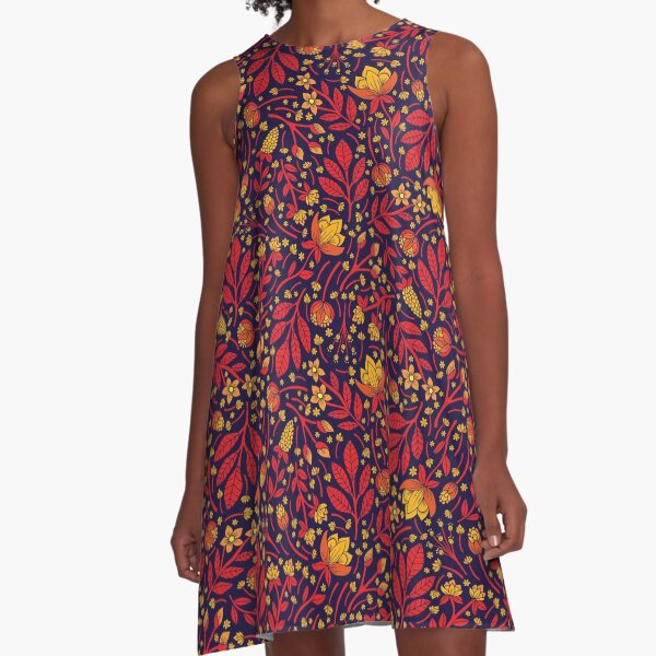 navy dress with orange flowers