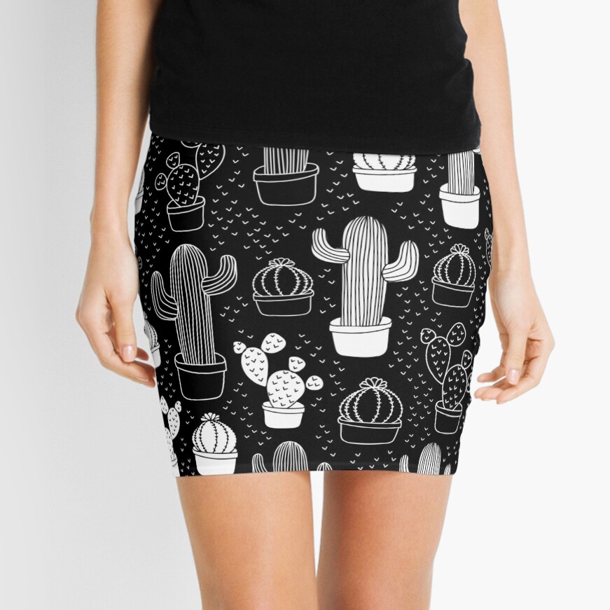 Black & White Cactus Doodle Pattern Mini Skirt