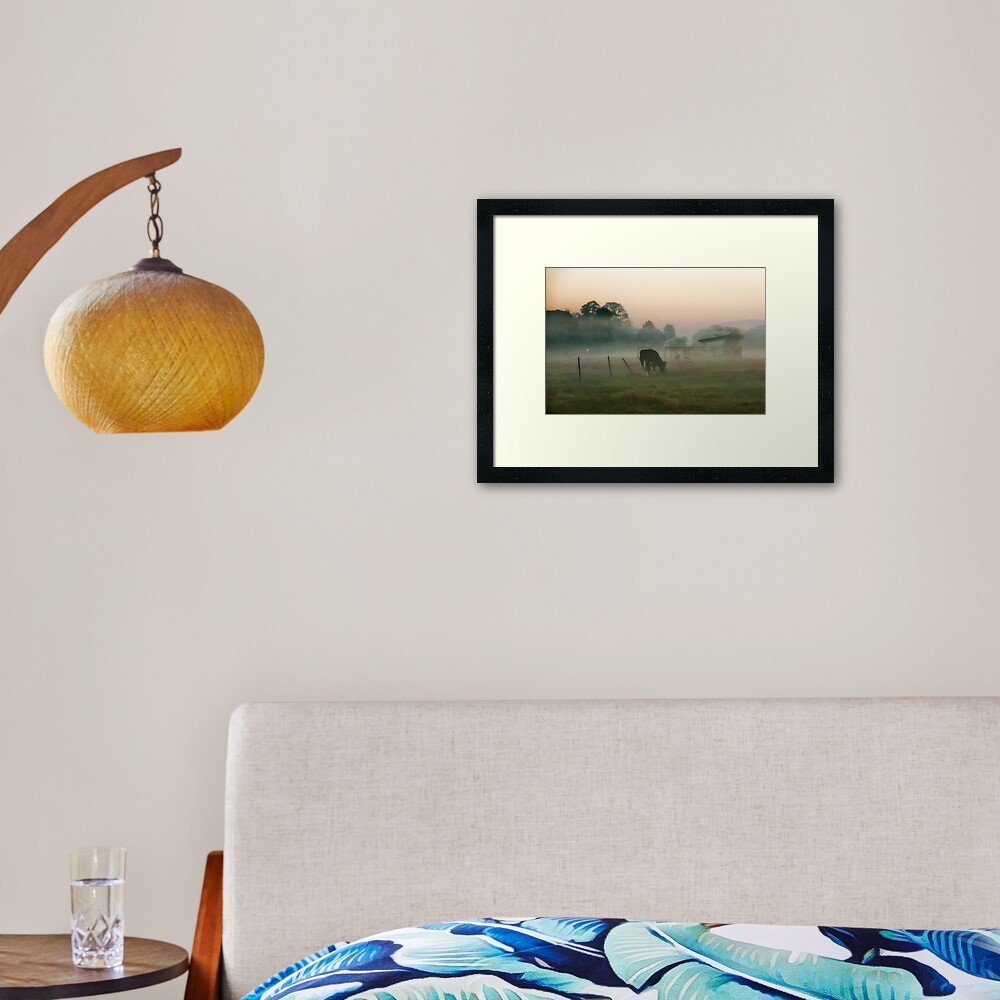Foggy morning at the farm Framed Art Print