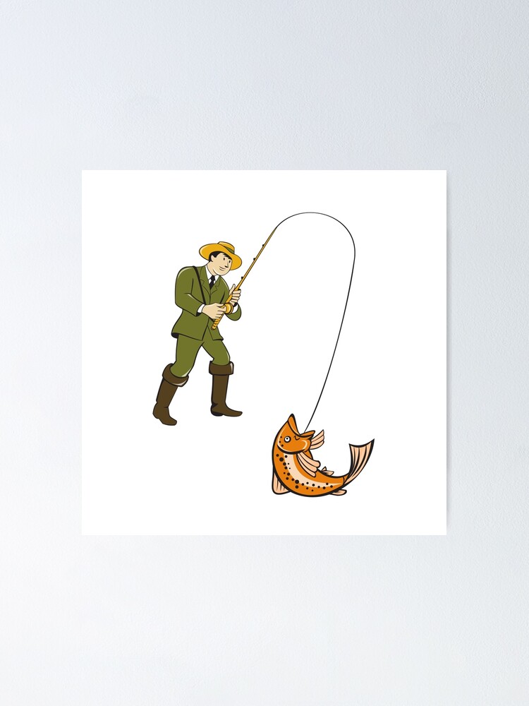 Fly Fisherman Catching Trout Fish Cartoon Poster for Sale by