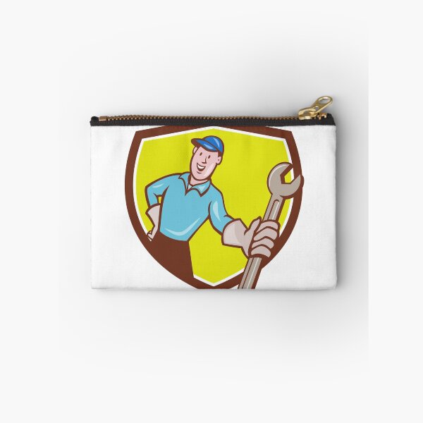 Item preview, Mechanic Presenting Monkey Wrench Shield Cartoon designed and sold by patrimonio.
