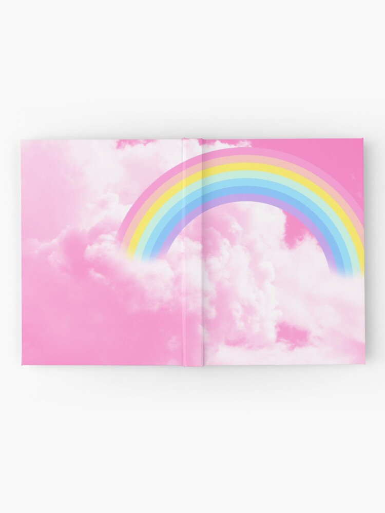 Cotton candy sky pink background illustration, rainbow in the clouds. Stock  Illustration