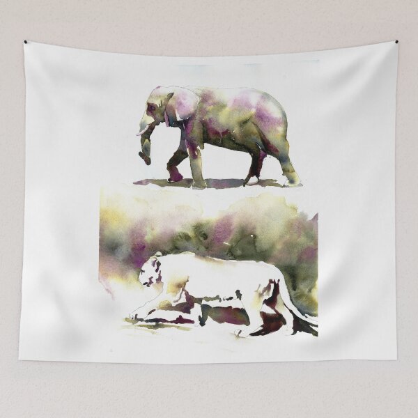 Item preview, Watercolor painting of elephant and mountain lion. designed and sold by rfoxphoto.