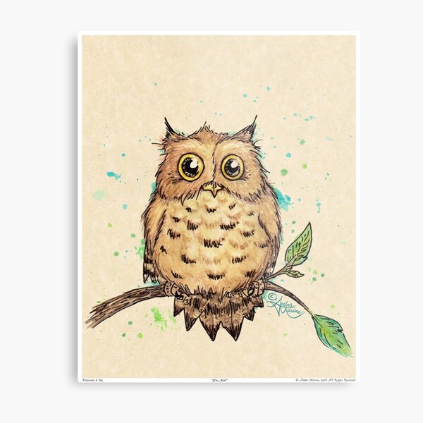 "Hoo, Me?" Baby Owl by Amber Marine, watercolor & ink, © 2019 Metal Print