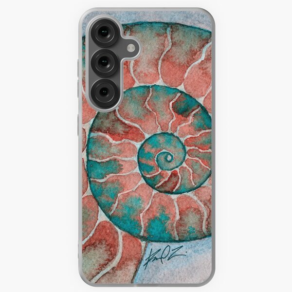 Item preview, Pink and teal ammonite fossil watercolor designed and sold by RedFinchDesigns.