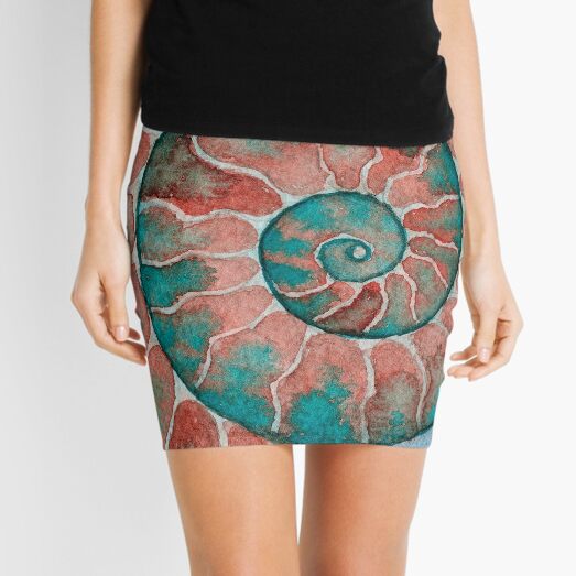 Pink and teal ammonite fossil watercolor Mini Skirt
