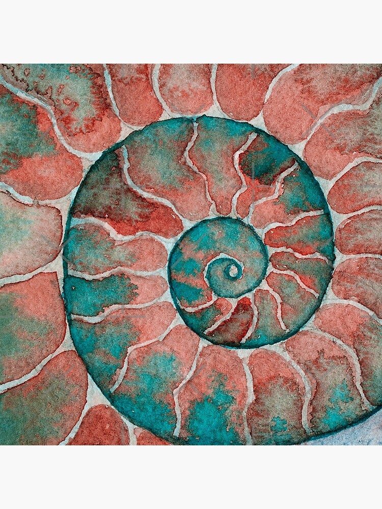Thumbnail 4 of 4, Pillow, Pink and teal ammonite fossil watercolor designed and sold by RedFinchDesigns.