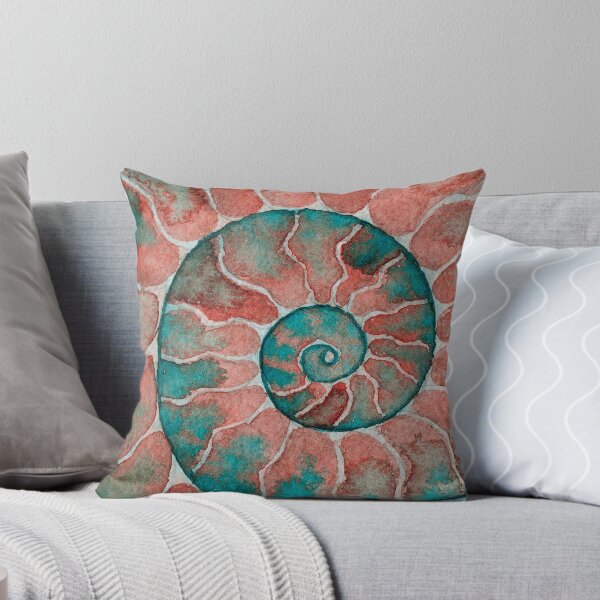 Item preview, Pink and teal ammonite fossil watercolor designed and sold by RedFinchDesigns.