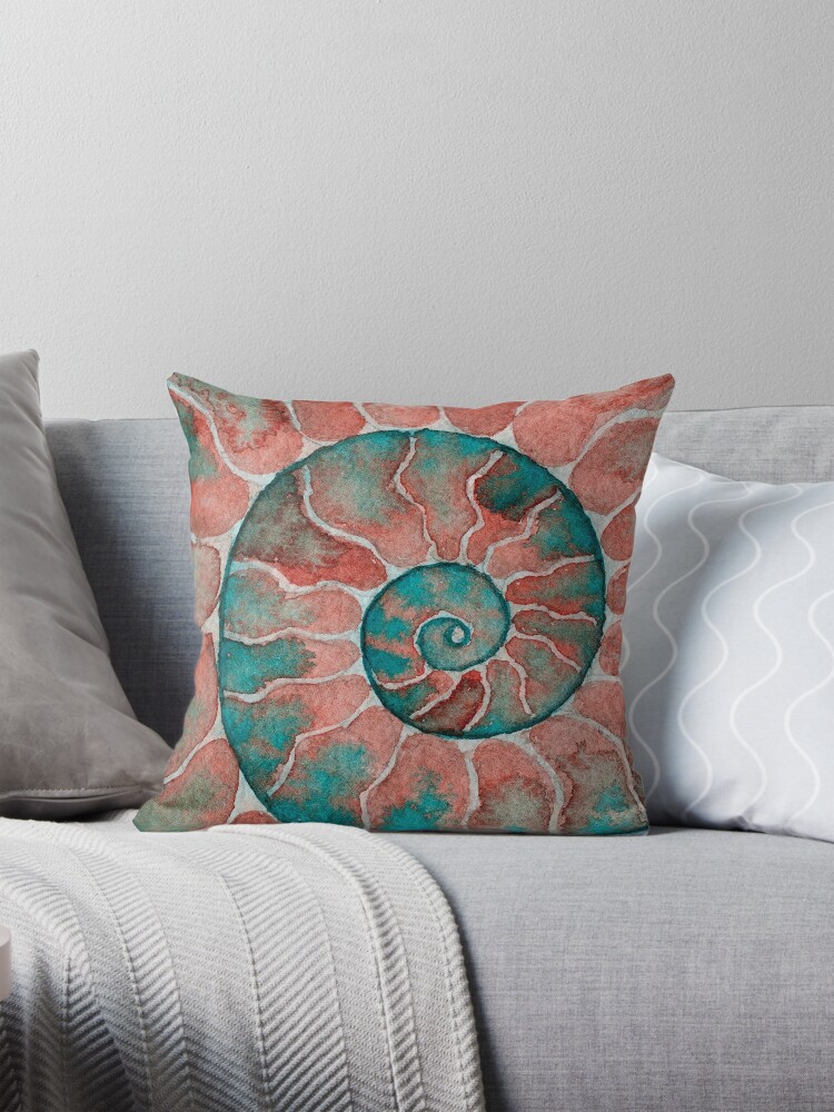 Thumbnail 1 of 4, Pillow, Pink and teal ammonite fossil watercolor designed and sold by RedFinchDesigns.